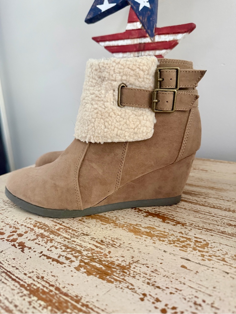 Madden Girl Tan Wedge Ankle Boots with Cream Shearling Cuff